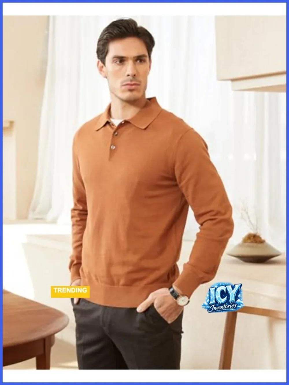 100% Cotton Long Sleeve Polo Sweater Pullover Relaxed Fit Button Down Knit